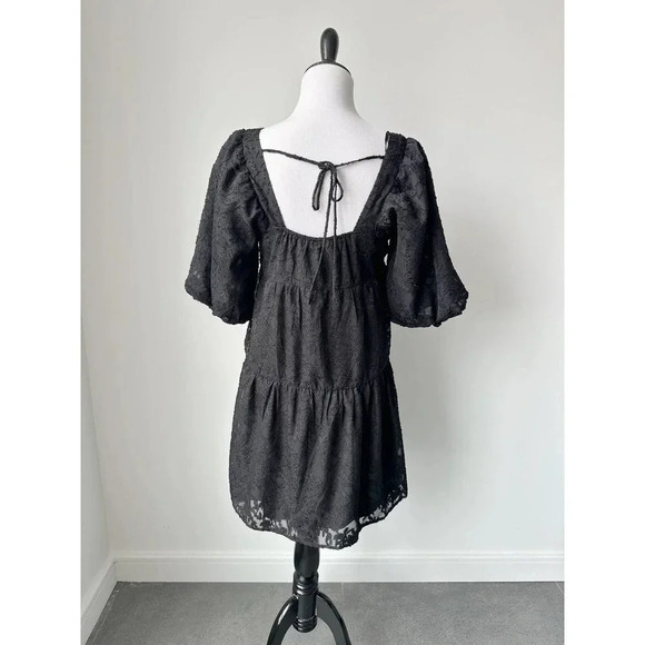 Nordstrom Lush Black Textured Puff Sleeve Mini Dress - Size Small - Picture 2 of 8